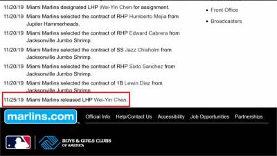 MLB/馬林魚正式宣佈釋出 陳偉殷開始尋找新東家